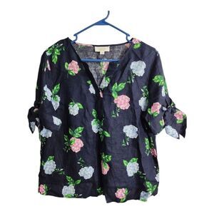 Charter Club Luxury Linen V Neck Tie Sleeve Floral Casual Office Preppy Blouse L